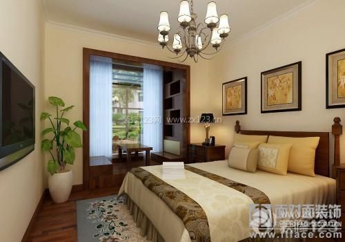 卧室装修 卧室设计 床头背景墙 纯色壁纸 双人床 木床 白色窗帘 纱帘 欧式吊灯 台灯 地垫 深棕色木地板 床头柜 小方几 飘窗利用 飘窗设计 墙面设计 装饰画 黄色墙面 
